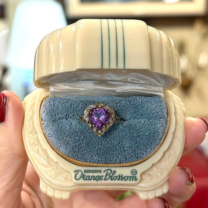 Vintage 14k Amethyst & Diamond Heart Shaped Ring