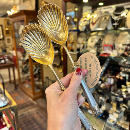 Pair of Antique Sterling Silver English Serving Spoons