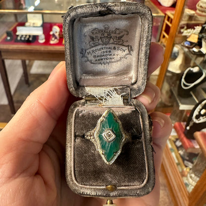Art Deco 14k Filigree Ring w/ Carved Green Onyx & Diamond