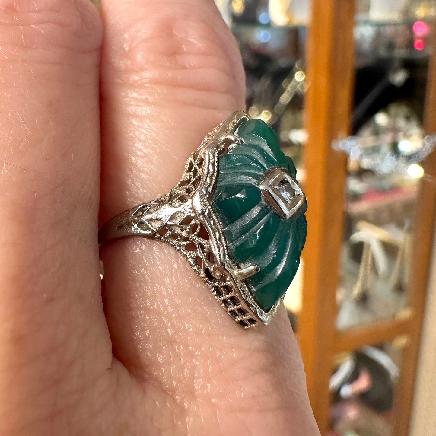 Art Deco 14k Filigree Ring w/ Carved Green Onyx & Diamond