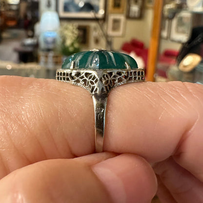 Art Deco 14k Filigree Ring w/ Carved Green Onyx & Diamond