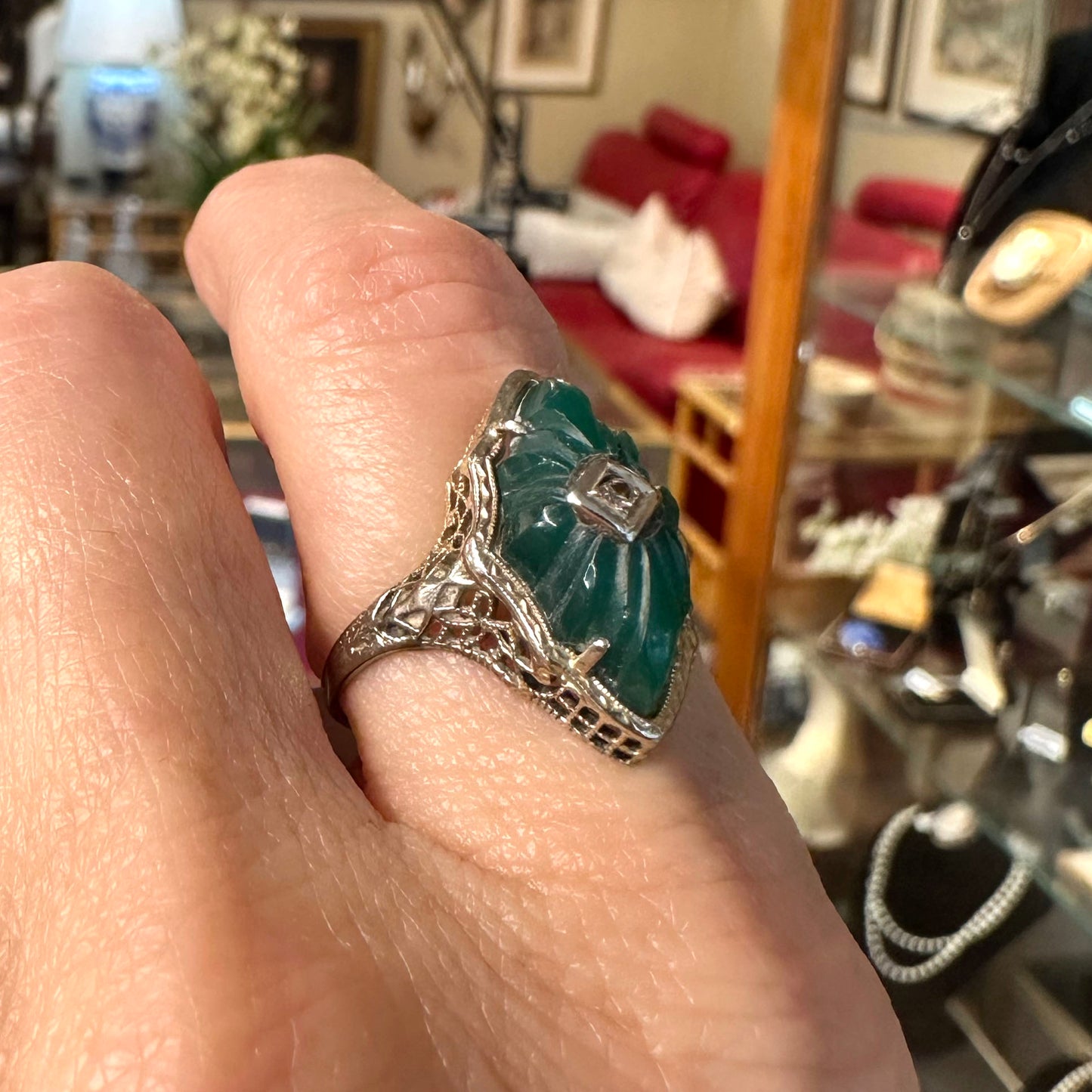 Art Deco 14k Filigree Ring w/ Carved Green Onyx & Diamond