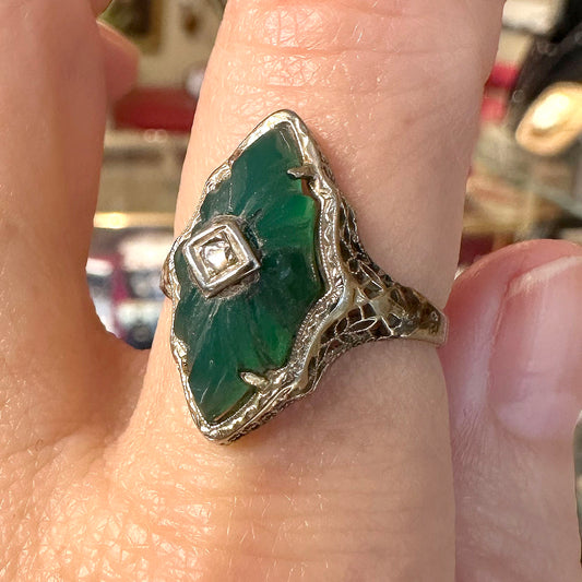 Art Deco 14k Filigree Ring w/ Carved Green Onyx & Diamond