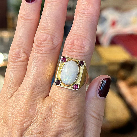 RARE French 18K Gold Arts & Crafts Opal & Ruby Ring