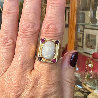 RARE French 18K Gold Arts & Crafts Opal & Ruby Ring
