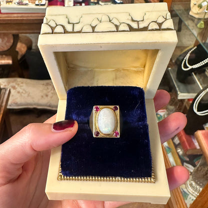 RARE French 18K Gold Arts & Crafts Opal & Ruby Ring