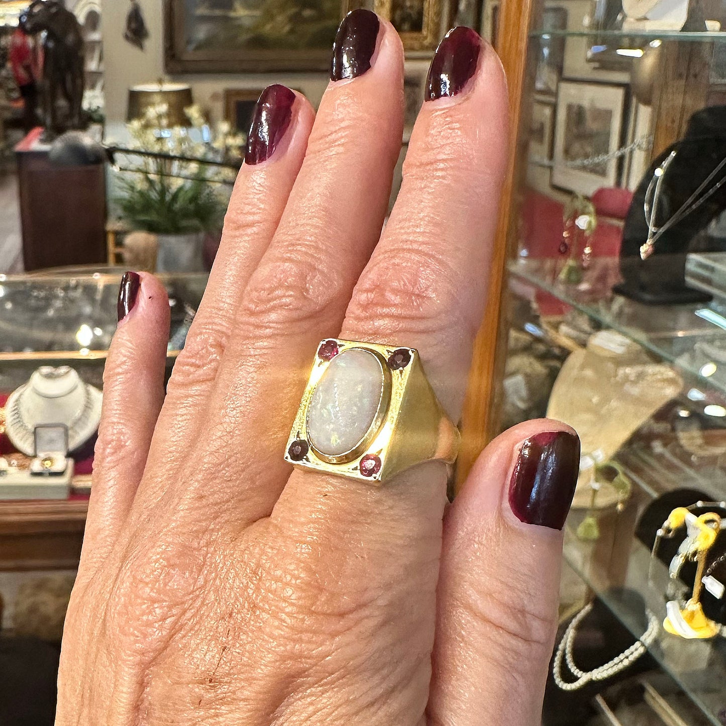 RARE French 18K Gold Arts & Crafts Opal & Ruby Ring