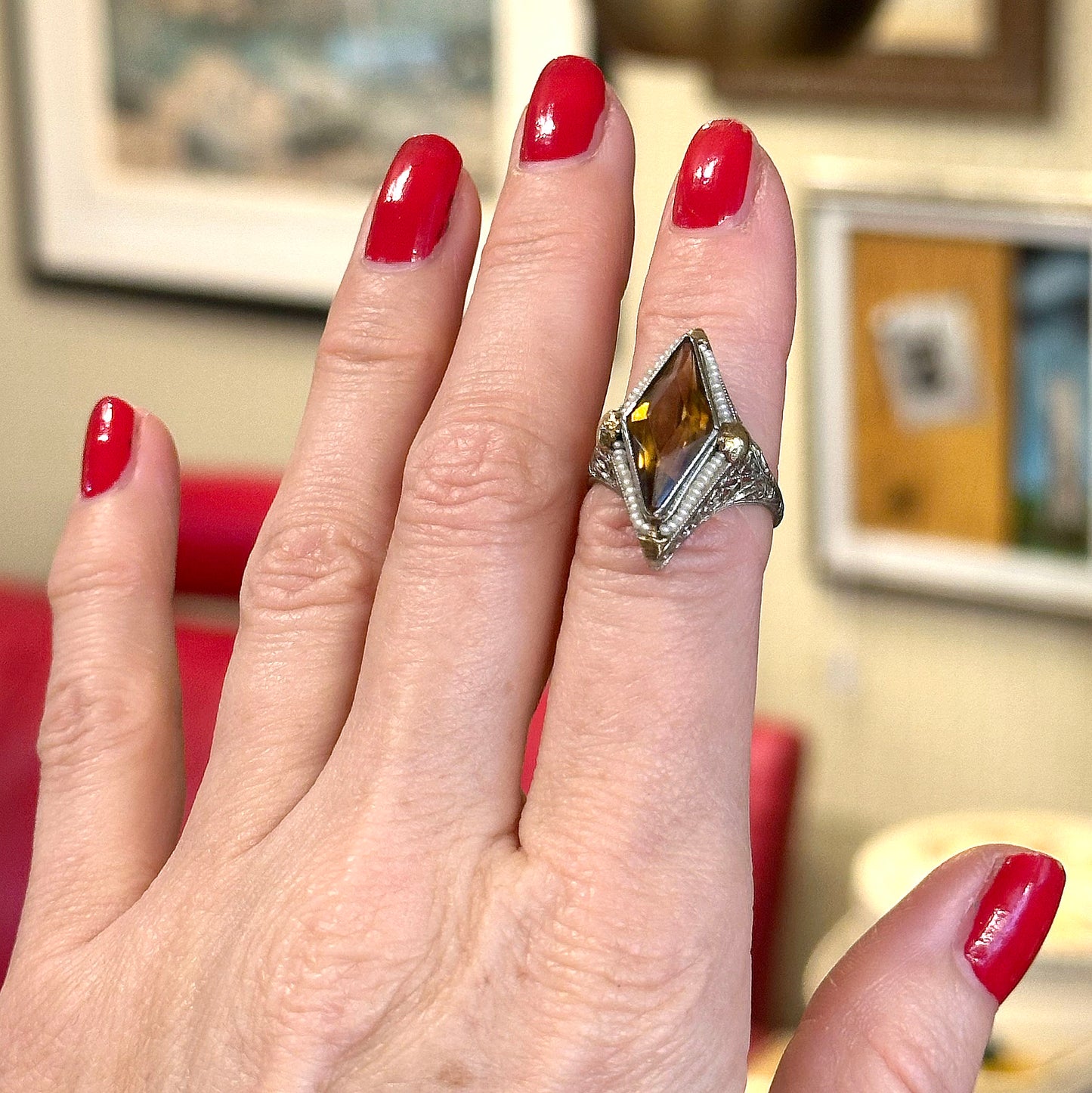 Art Deco Citrine & Pearl Ring