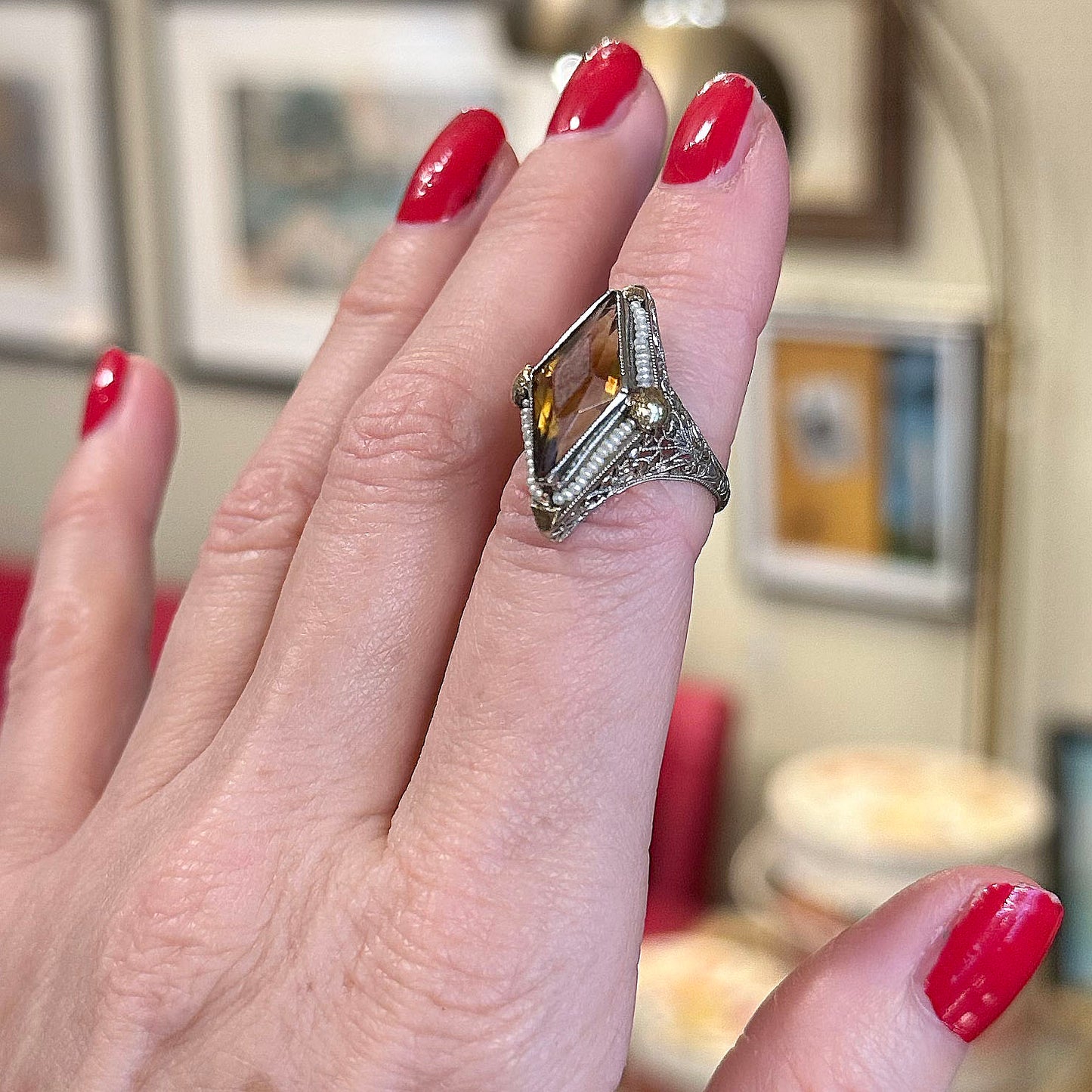 Art Deco Citrine & Pearl Ring