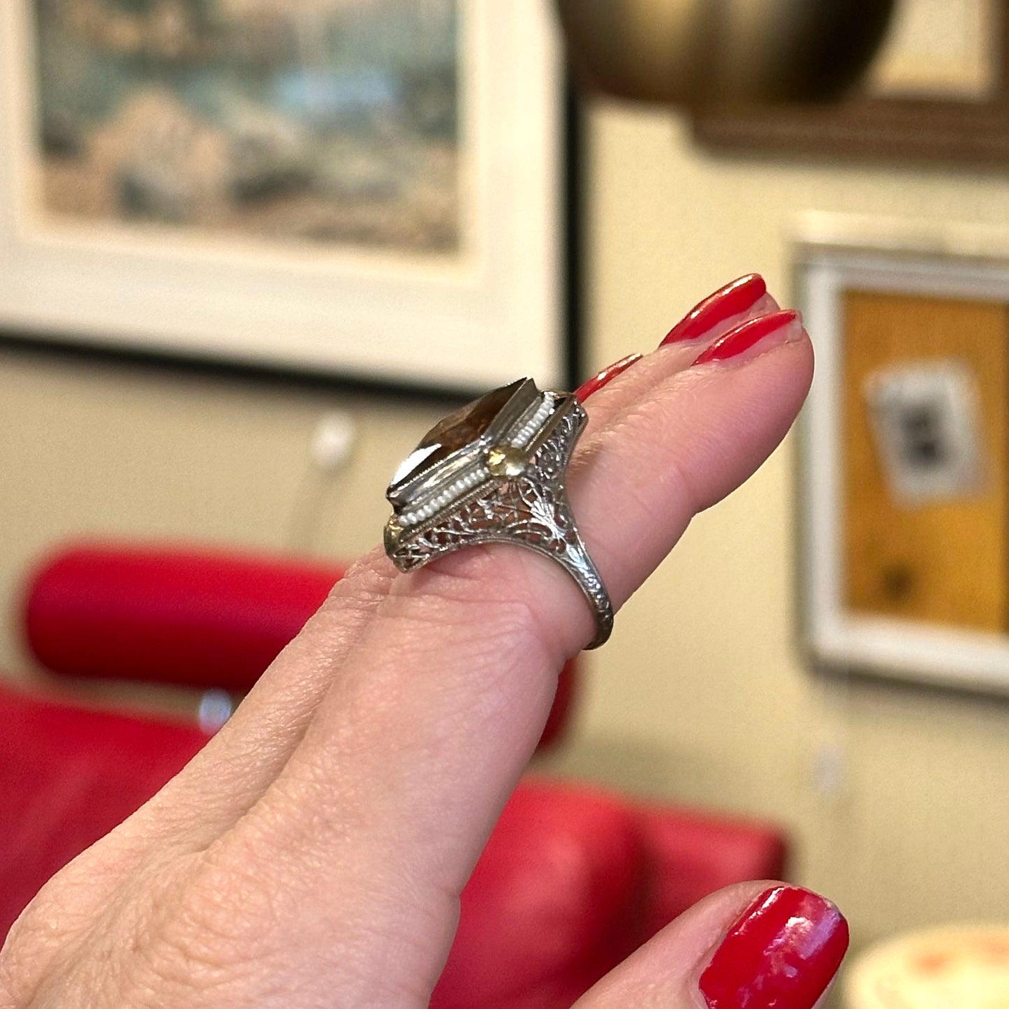 Art Deco Citrine & Pearl Ring