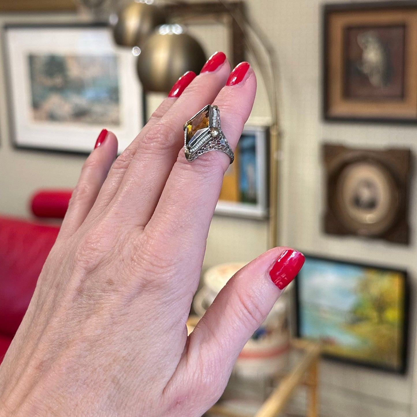 Art Deco Citrine & Pearl Ring