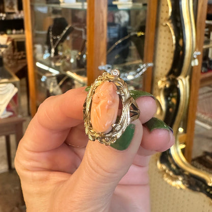Victorian Coral Cameo Gold Ring