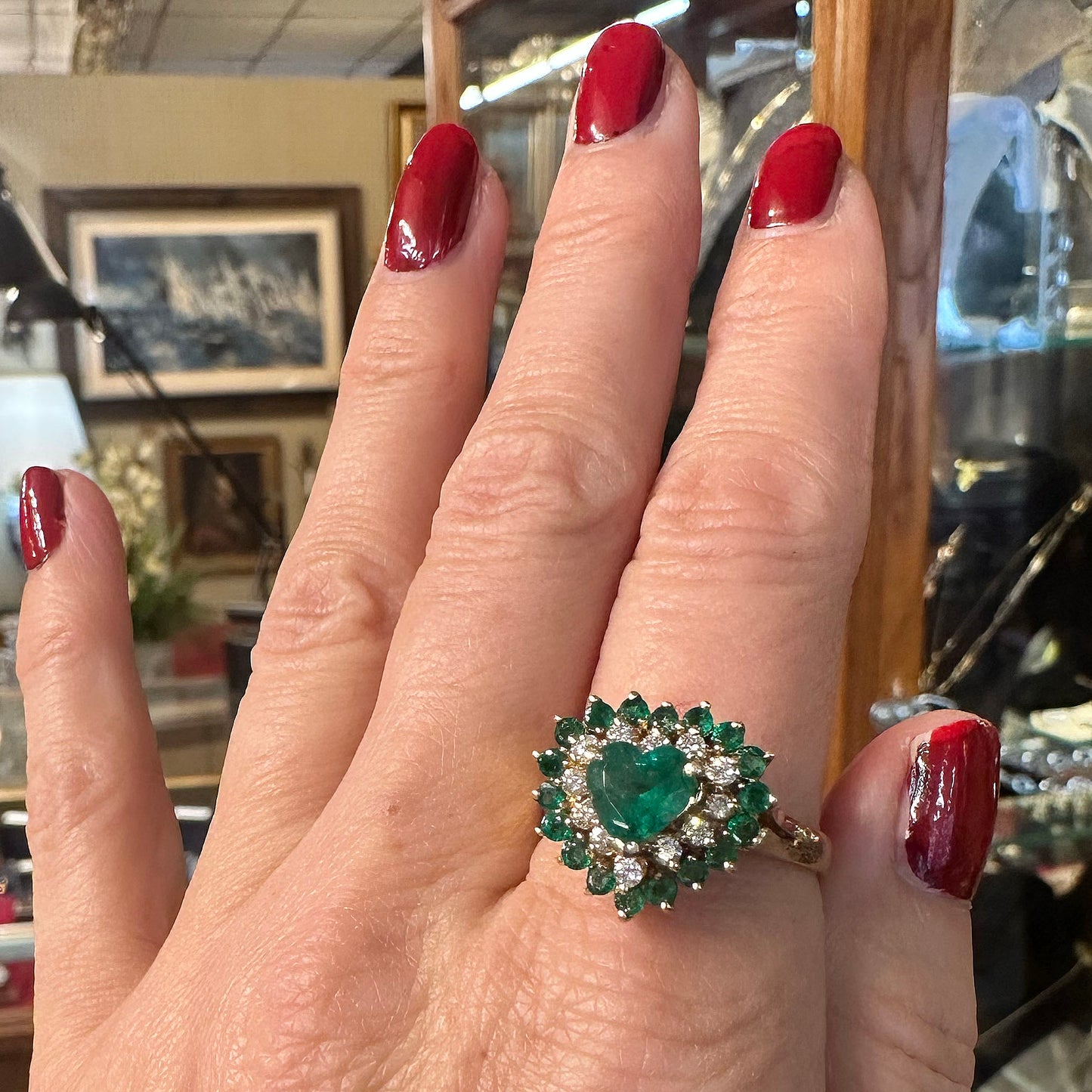 Vintage 14k Heart Shaped Emerald & Diamond Cocktail Ring
