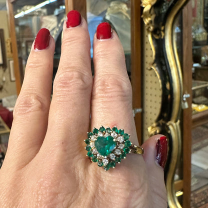 Vintage 14k Heart Shaped Emerald & Diamond Cocktail Ring
