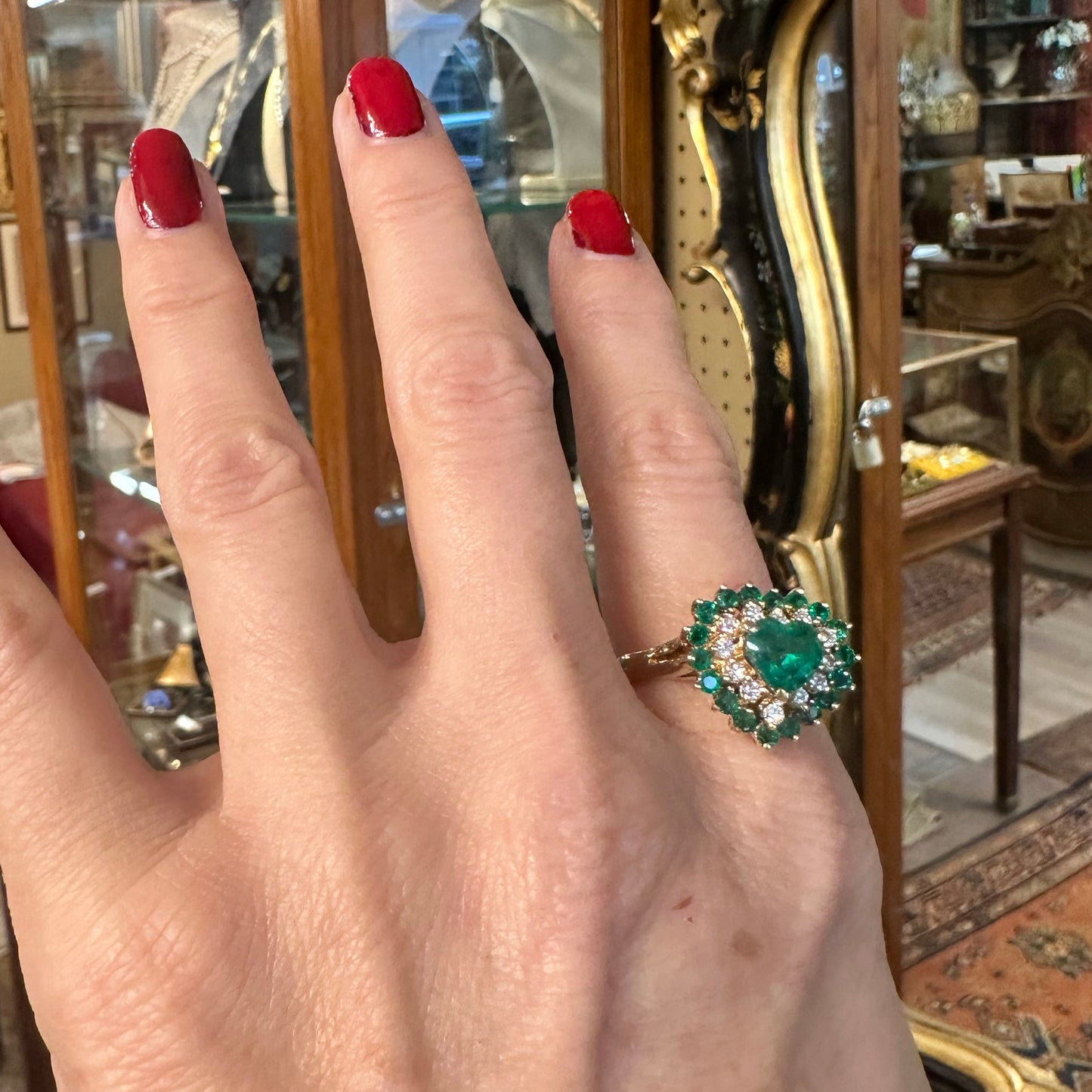 Vintage 14k Heart Shaped Emerald & Diamond Cocktail Ring