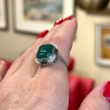 Art Deco Green Onyx & Pearl Ring