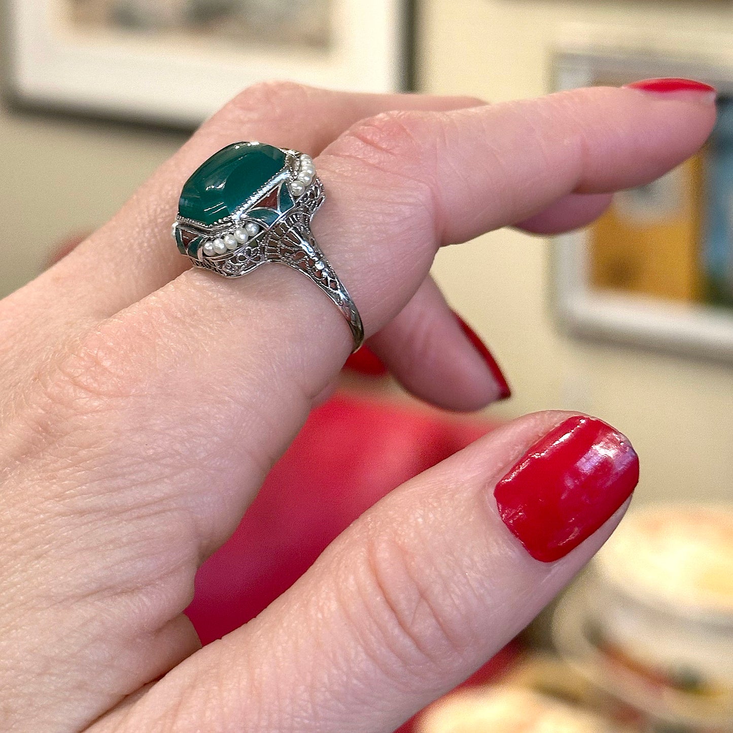 Art Deco Green Onyx & Pearl Ring