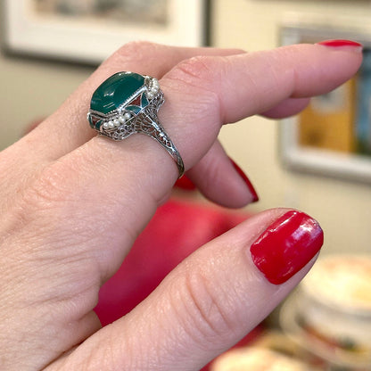 Art Deco Green Onyx & Pearl Ring
