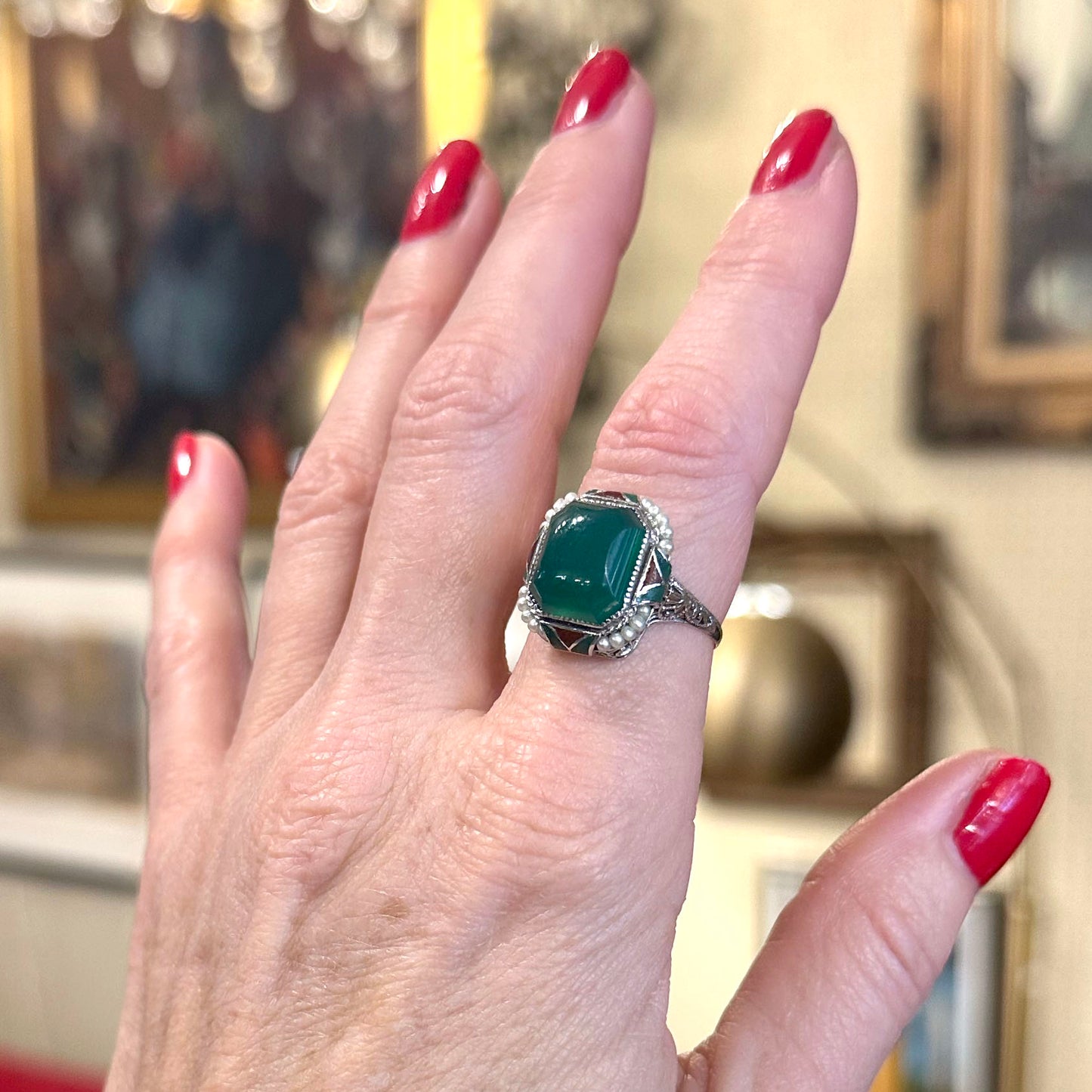 Art Deco Green Onyx & Pearl Ring