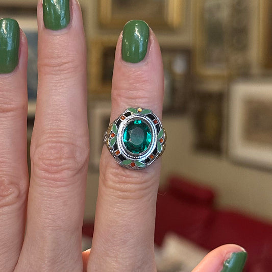 Art Deco Enamel & Green Garnet Ring