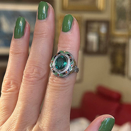 Art Deco Enamel & Green Garnet Ring