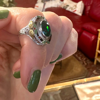 Art Deco Enamel & Green Garnet Ring