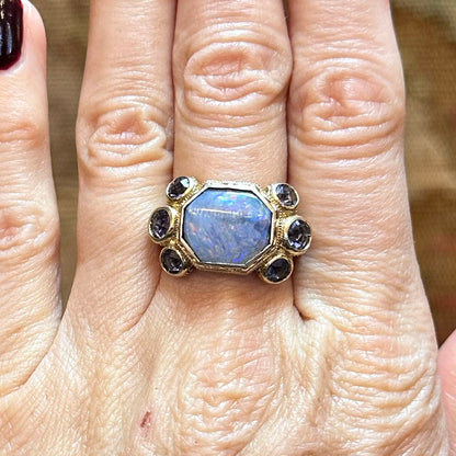 19k Rare Opal & Iolite Etruscan Revival Ring by Monica Rossi
