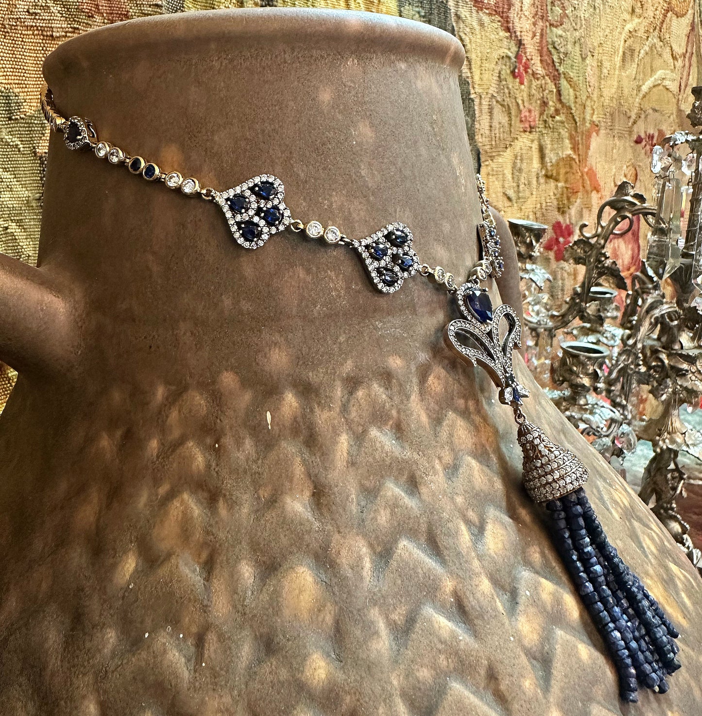 Deco Revival Paste Sapphire, Diamond & Genuine Lapis Necklace