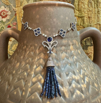Deco Revival Paste Sapphire, Diamond & Genuine Lapis Necklace