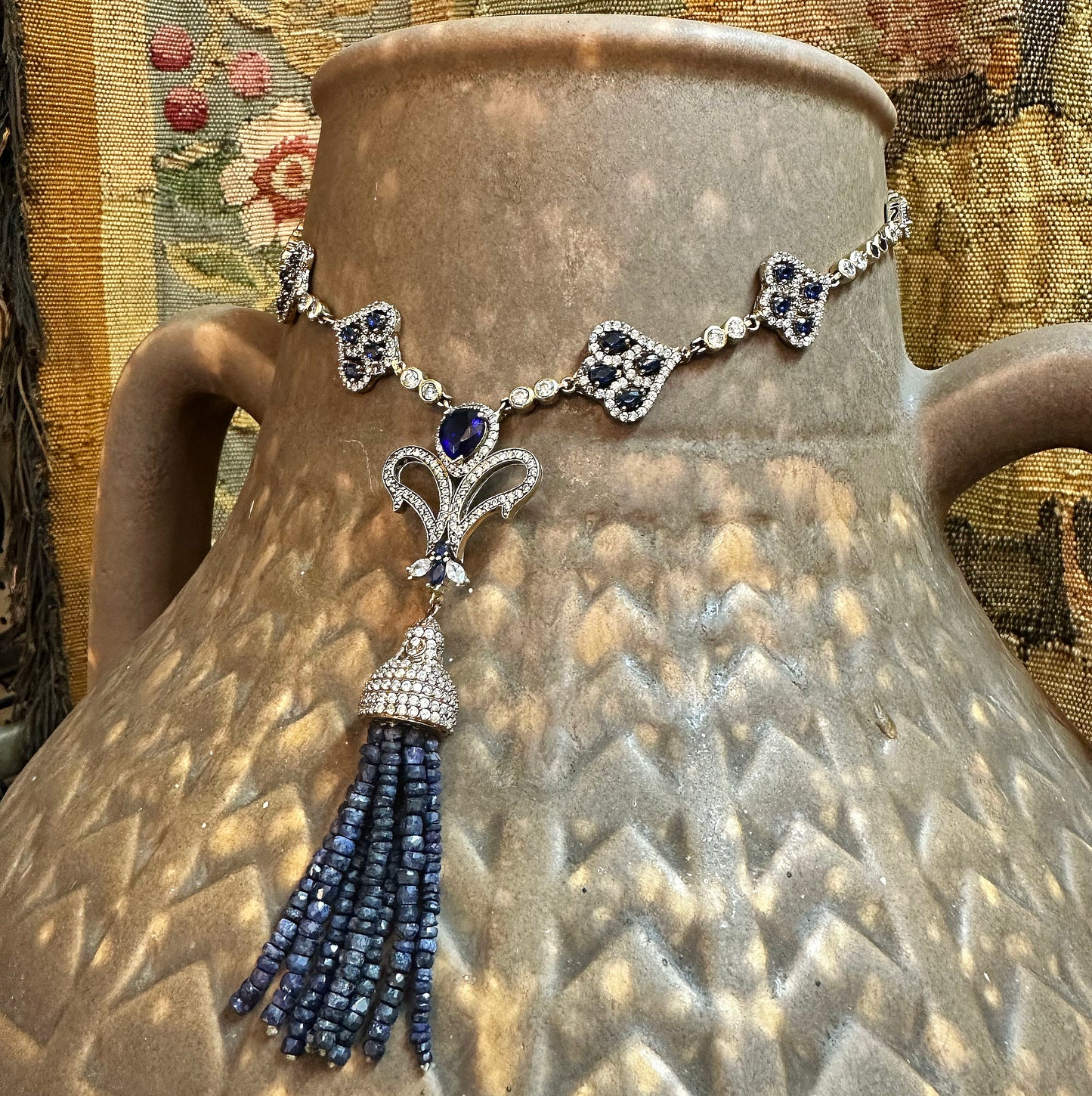 Deco Revival Paste Sapphire, Diamond & Genuine Lapis Necklace