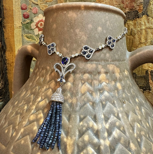 Deco Revival Paste Sapphire, Diamond & Genuine Lapis Necklace