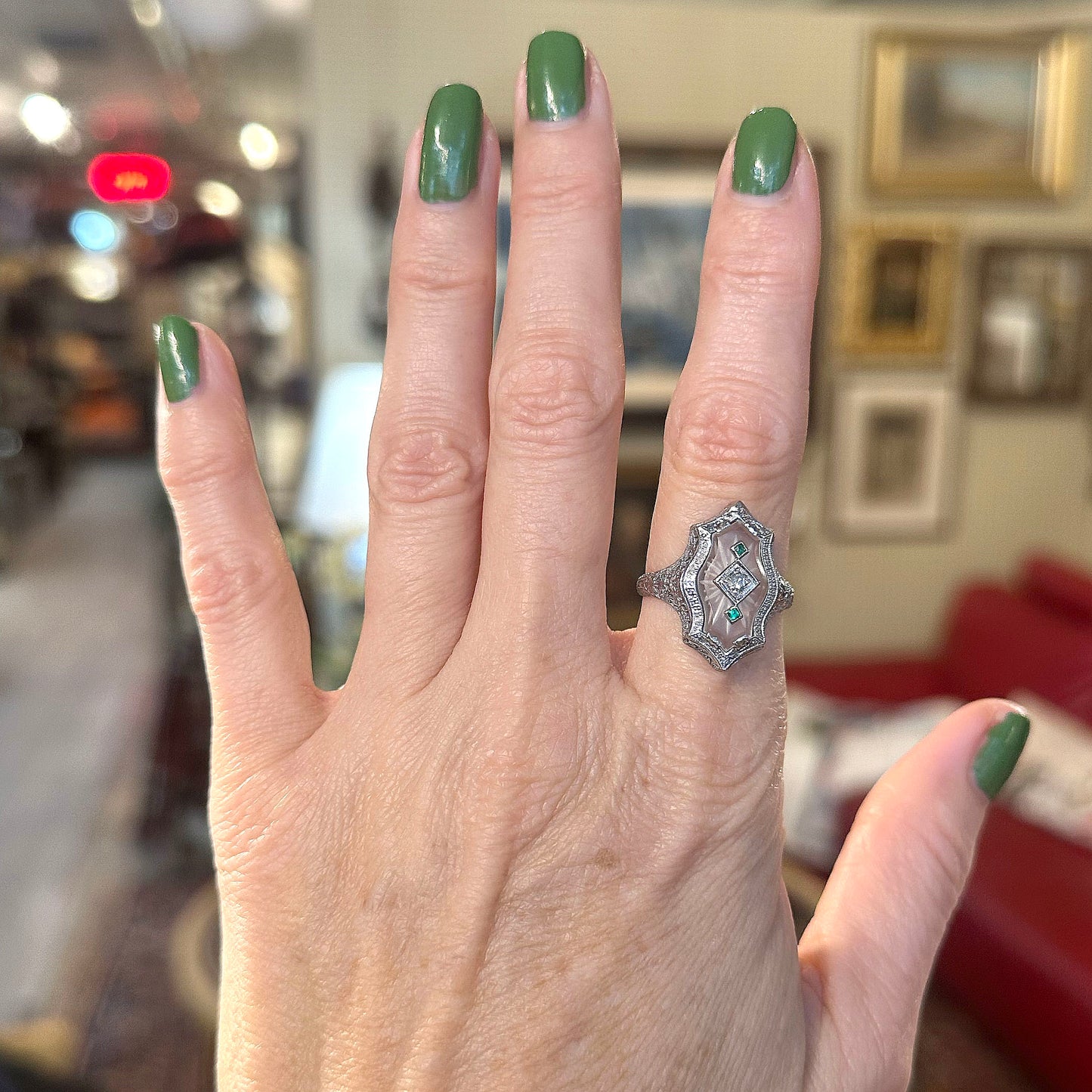 Art Deco Camphor Glass White Gold Ring