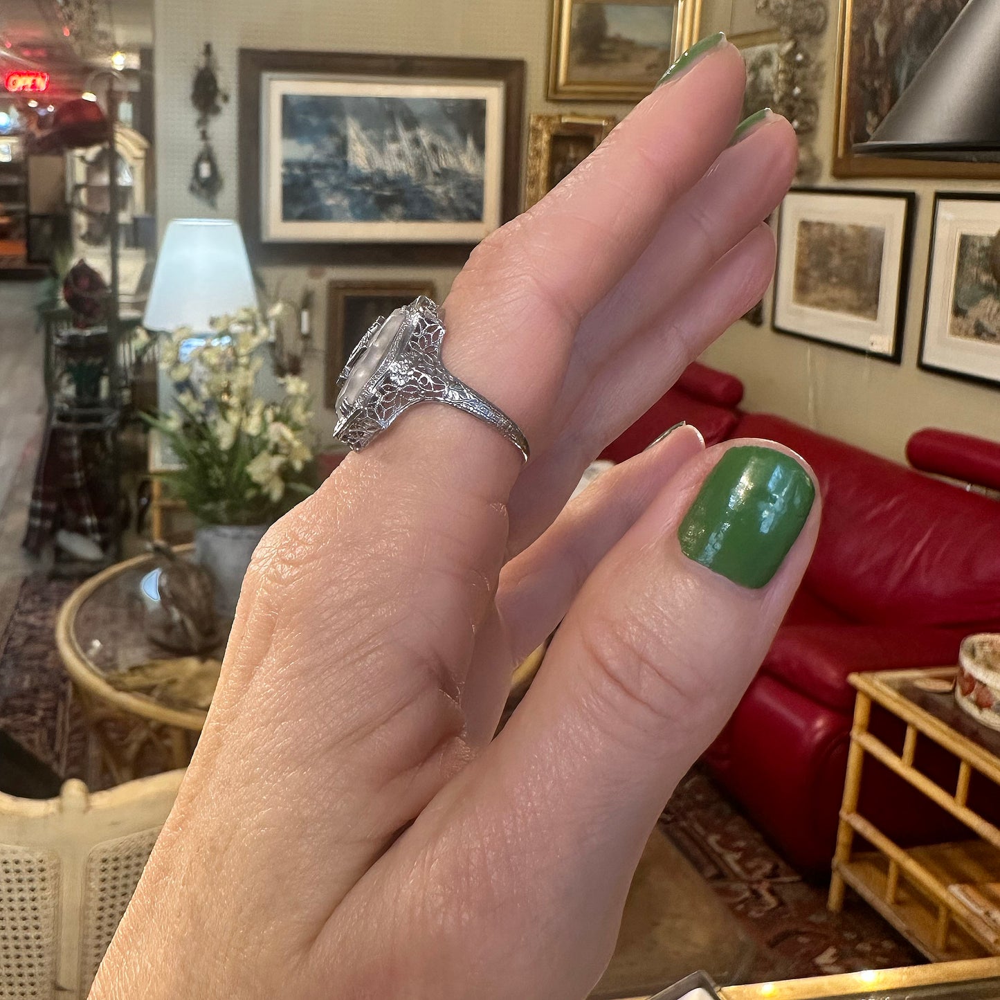 Art Deco Camphor Glass White Gold Ring