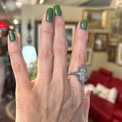 Art Deco Camphor Glass White Gold Ring