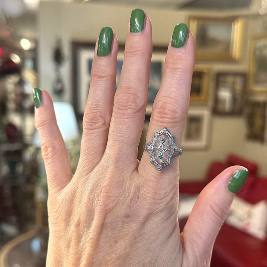 Art Deco Camphor Glass White Gold Ring