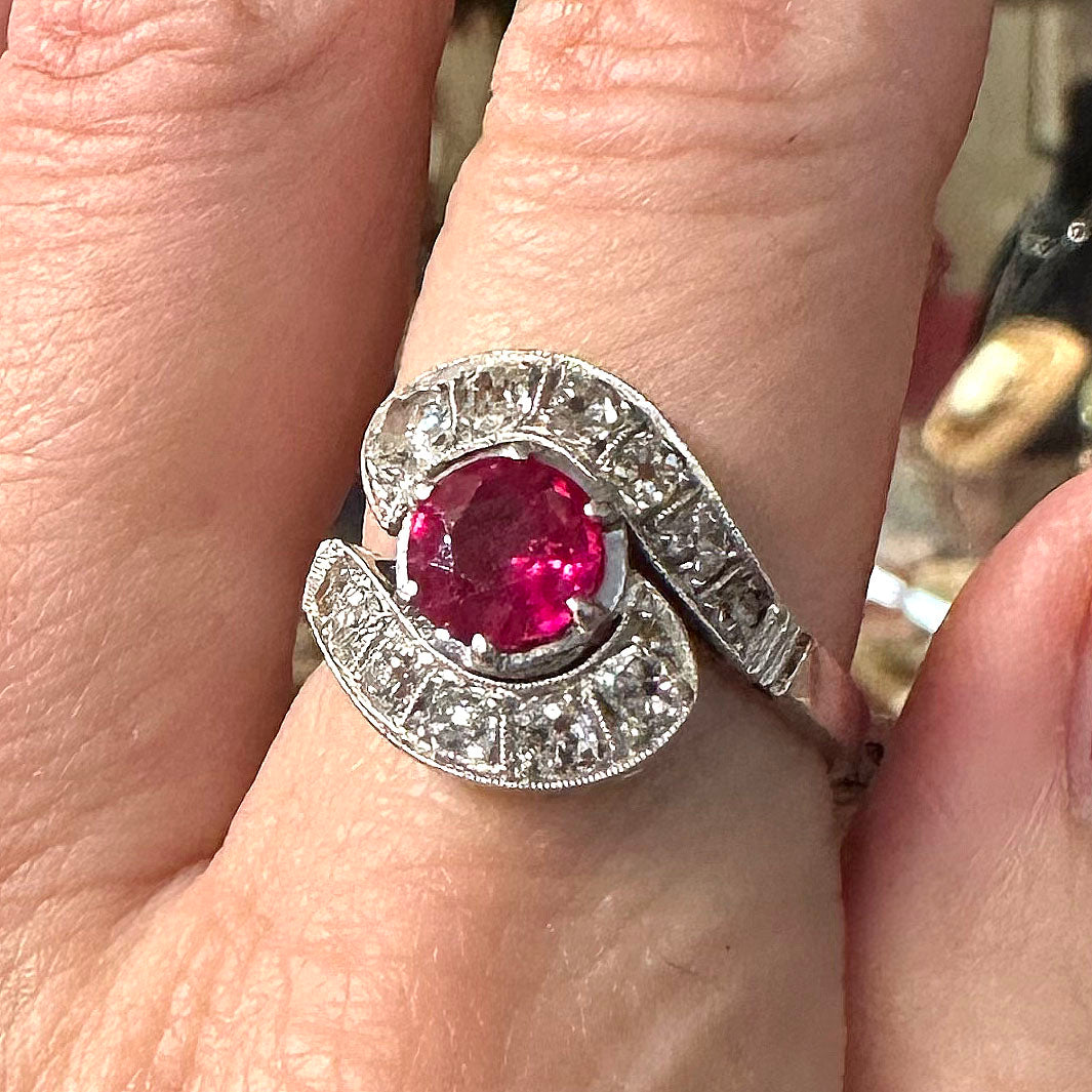 1940s 14k Platinum Ruby & Diamond Ring