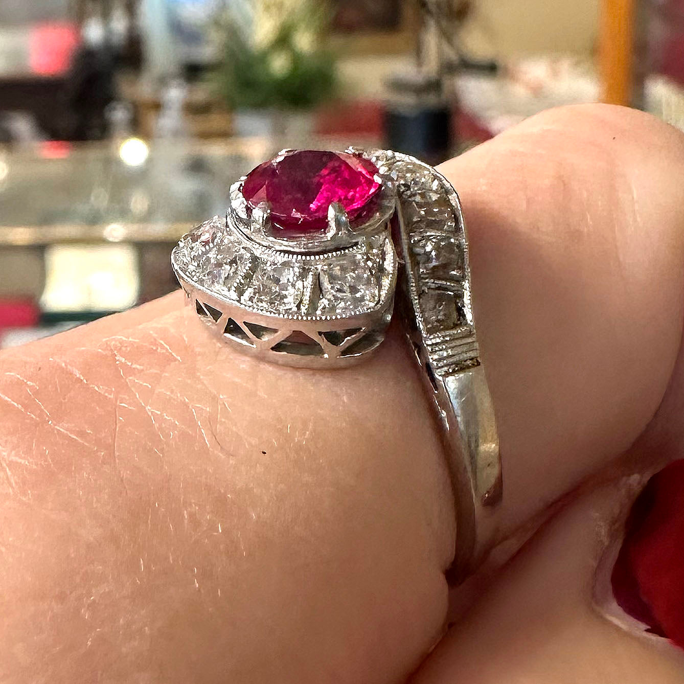 1940s 14k Platinum Ruby & Diamond Ring