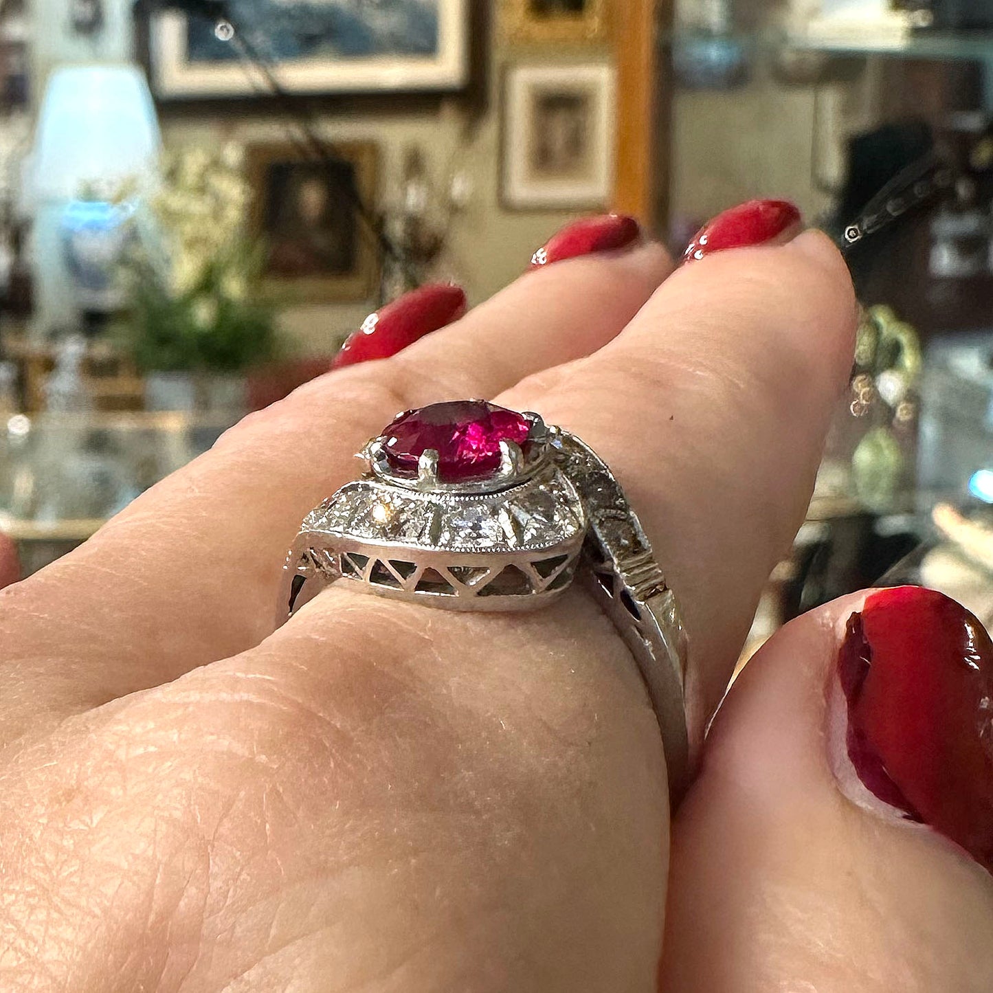 1940s 14k Platinum Ruby & Diamond Ring