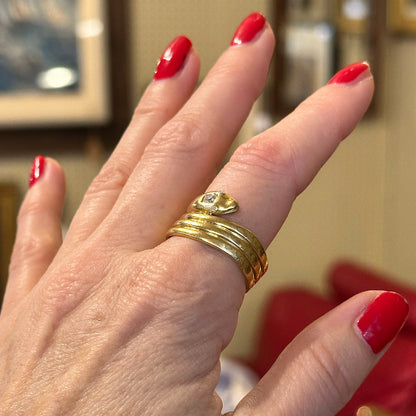Antique 18k Gold Snake Ring w/ Rose Cut Diamonds