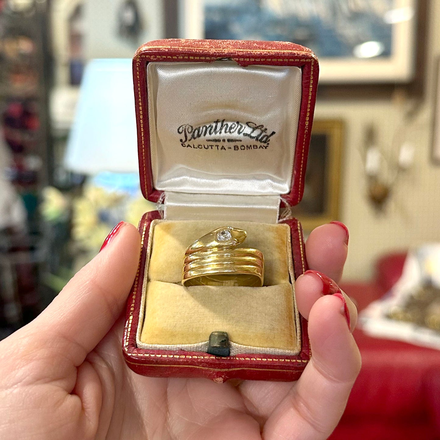 Antique 18k Gold Snake Ring w/ Rose Cut Diamonds