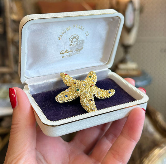 Bejeweled Gold Tone Starfish Brooch