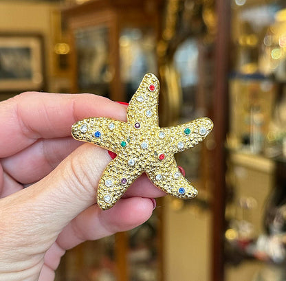 Bejeweled Gold Tone Starfish Brooch