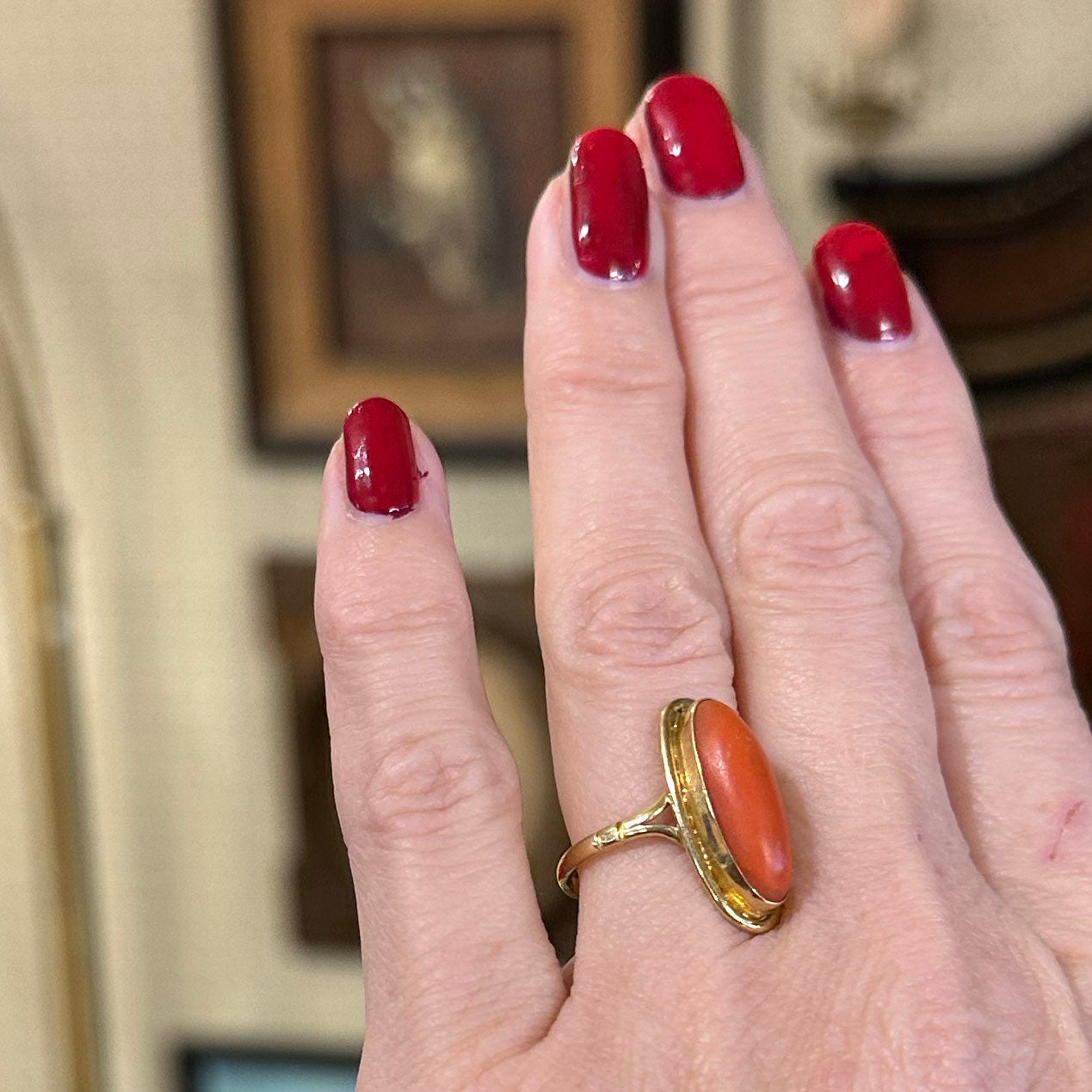 14k Gold Victorian Oval Coral Ring